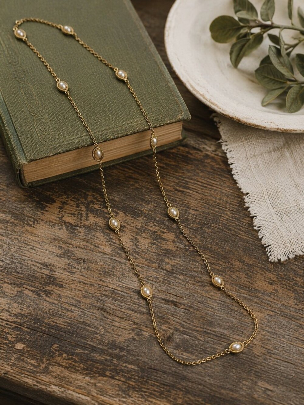 Vintage Gold Tone Station Necklace Faux Pearl Beaded Chain 52 Inch Long